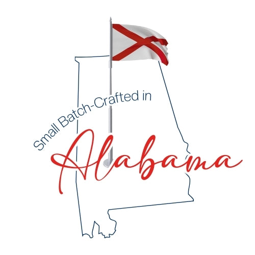 a flag of Alabama with the text "Small Batch-Crafted in Alabama" written below it.