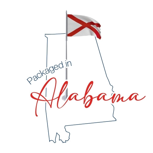 a flag of Alabama with the text "Packaged in Alabama" written below it.