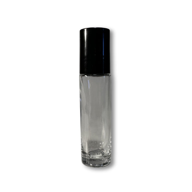 A clear glass bottle with a black cap is shown against a white background.