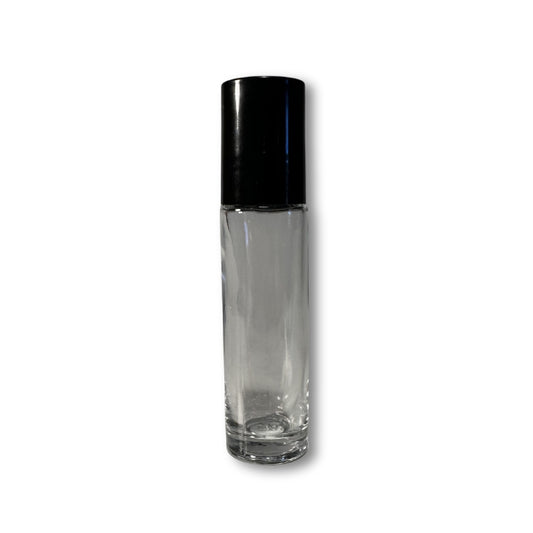 A clear glass bottle with a black cap is shown against a white background.