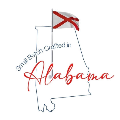 a flag of Alabama with the text "Small Batch-Crafted in Alabama" written below it.