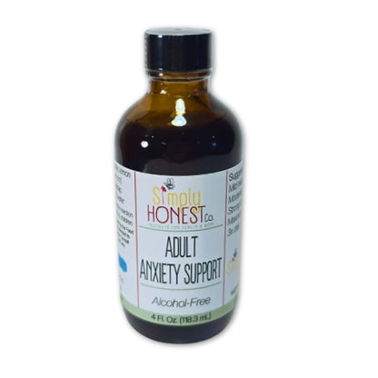 A bottle of Simply Honest Adult Anxiety Support, which is alcohol-free.