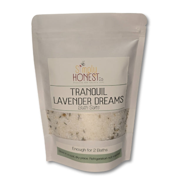 A white package of Simply Honest Tranquil Lavender Dreams bath salt.