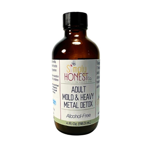 A brown glass bottle with a black cap, containing a liquid that appears to be an adult mold and heavy metal detox solution.