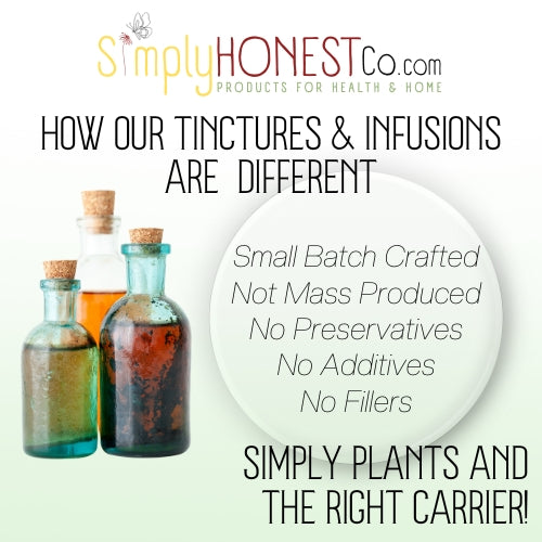The image is an advertisement for a company called Simply Honest Co., which sells tinctures and infusions. The ad highlights the differences between small batch crafted products and mass produced ones, emphasizing that small batch crafted products are not mass produced, do not preserve, do not add, and do not fillers. The ad also mentions that Simply Honest Co. focuses on simply plants and the right carrier.