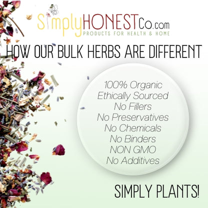 The image is an advertisement for a company called Simply Honest Co., which specializes in bulk herbs. The ad highlights the company's commitment to using 100% organic, ethically sourced, and non-filled, non-preservative, non-chemicals, non-binder, and non-GMO products. The ad emphasizes the importance of using Simply Honest Co.'s plants for health and home purposes, and encourages the viewer to choose Simply Honest Co.'s products over others.