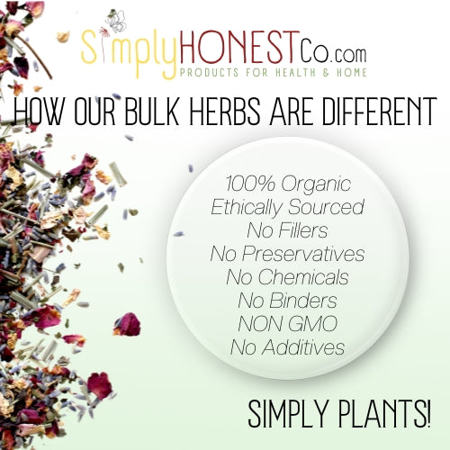 The image is an advertisement for a company called Simply Honest Co., which specializes in bulk herbs. The ad highlights the company's commitment to using 100% organic, ethically sourced, and non-filled, non-preservative, non-chemicals, non-binder, and non-GMO products. The ad emphasizes the importance of using Simply Honest Co.'s plants for health and home purposes, and encourages the viewer to choose Simply Honest Co.'s products over others.