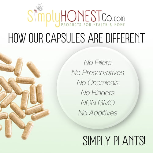 The image is an advertisement for a company called Simply Honest Co., which specializes in health and home products. It features a collection of capsules and pills, along with text highlighting the differences between the capsules and the plants they contain.