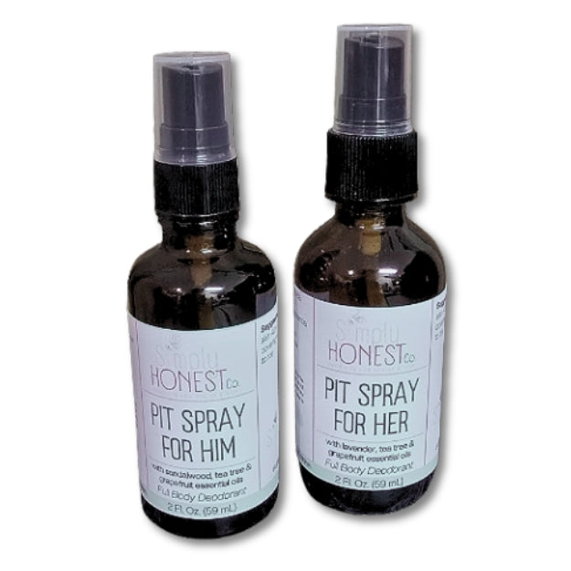 two bottles of "Pit Spray for Him" with a focus on the product's benefits.