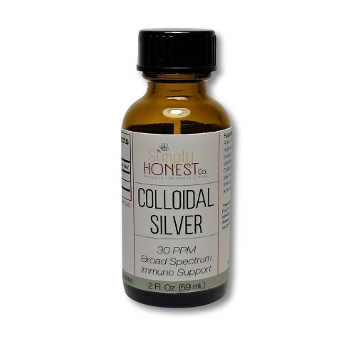A bottle of colloidal silver with a black cap, labeled as a broad spectrum immune support product.