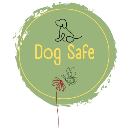 A circular logo with the text "Dog Safe" and a simple illustration of a dog and a butterfly.