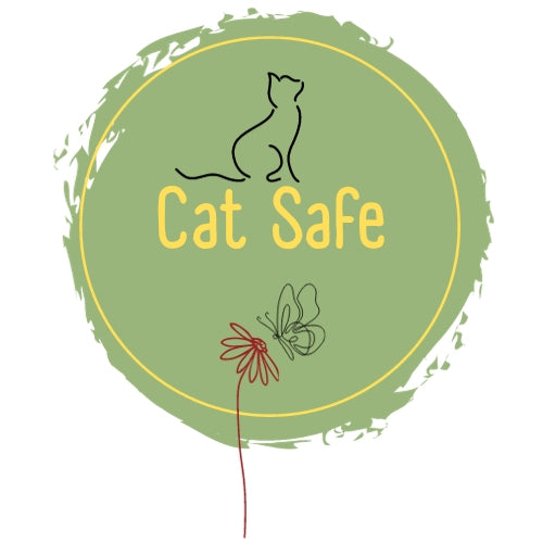 A green circular logo with a black cat silhouette and a red flower, along with the text "Cat Safe" written in yellow.