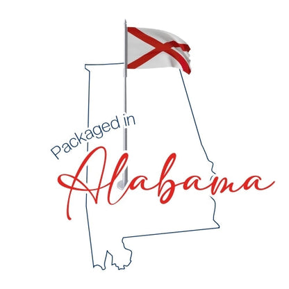 a flag of Alabama with the text "Packaged in Alabama" written below it.