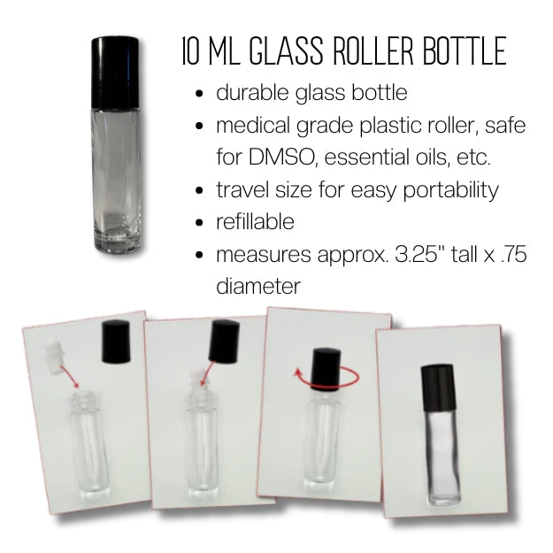 The image is a collage of three images depicting the process of using a 10 mL glass roller bottle. The first image shows the empty glass bottle, the second image shows the cap being twisted off, and the third image shows the cap being twisted on. The text provides information about the glass roller bottle, including its durability, medical grade plastic roller, safety, travel size, refillability, and approximate dimensions.