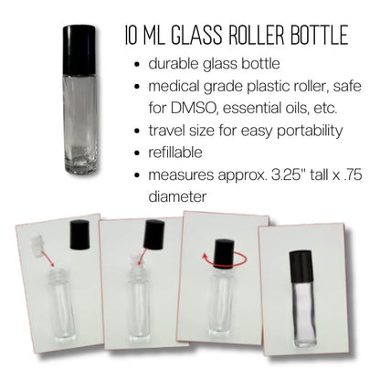 The image is a collage of three images depicting the process of using a 10 mL glass roller bottle. The first image shows the empty glass bottle, the second image shows the cap being twisted off, and the third image shows the cap being twisted on. The text provides information about the glass roller bottle, including its durability, medical grade plastic roller, safety, travel size, refillability, and approximate dimensions.