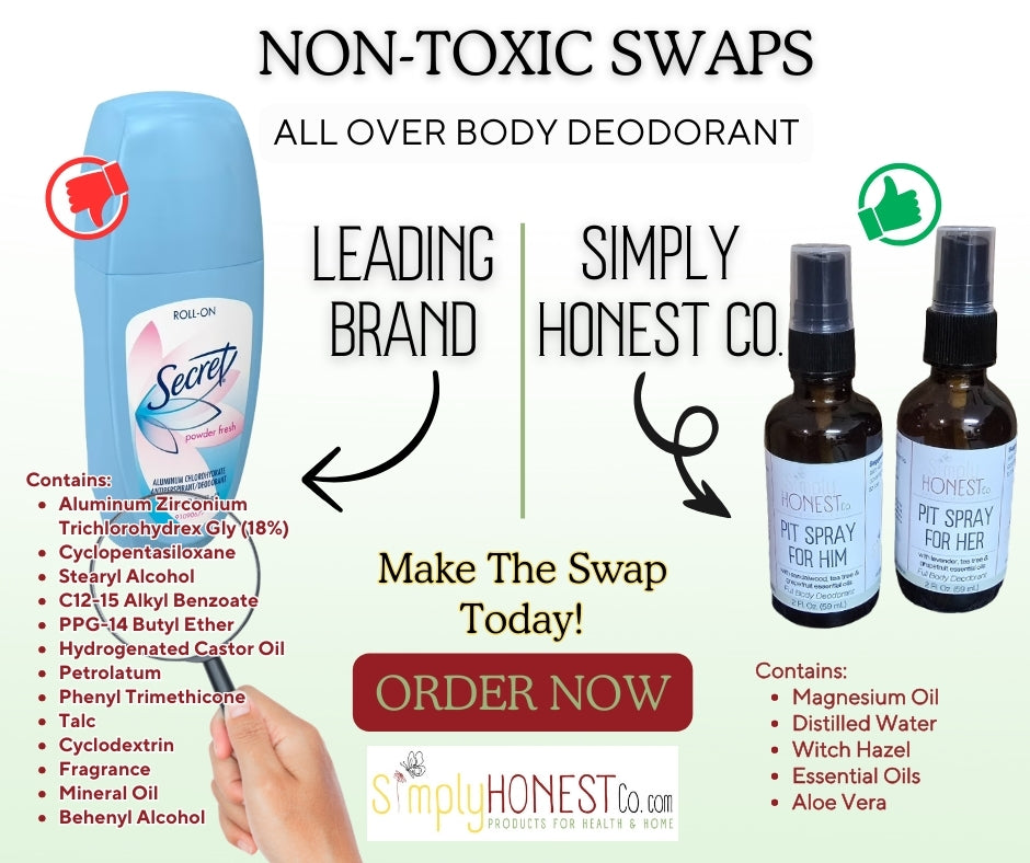 The image is an advertisement for non-toxic deodorants, featuring a hand holding a bottle of Secret Deodorant and two bottles of HONEST brand deodorants. The text highlights the non-toxic nature of the deodorants and encourages making the swap by listing the ingredients and benefits of each product.