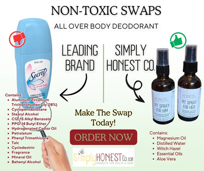 The image is an advertisement for non-toxic deodorants, featuring a hand holding a bottle of Secret Deodorant and two bottles of HONEST brand deodorants. The text highlights the non-toxic nature of the deodorants and encourages making the swap by listing the ingredients and benefits of each product.