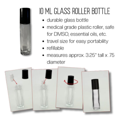 The image is a collage of three images depicting the process of using a 10 mL glass roller bottle. The first image shows the empty glass roller bottle, the second image shows the roller bottle with a black cap, and the third image shows the roller bottle with a black cap and a red cap.