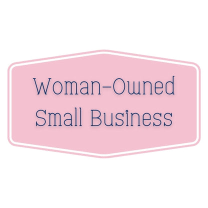a pink rectangle with the text "Woman-Owned Small Business" written in black.