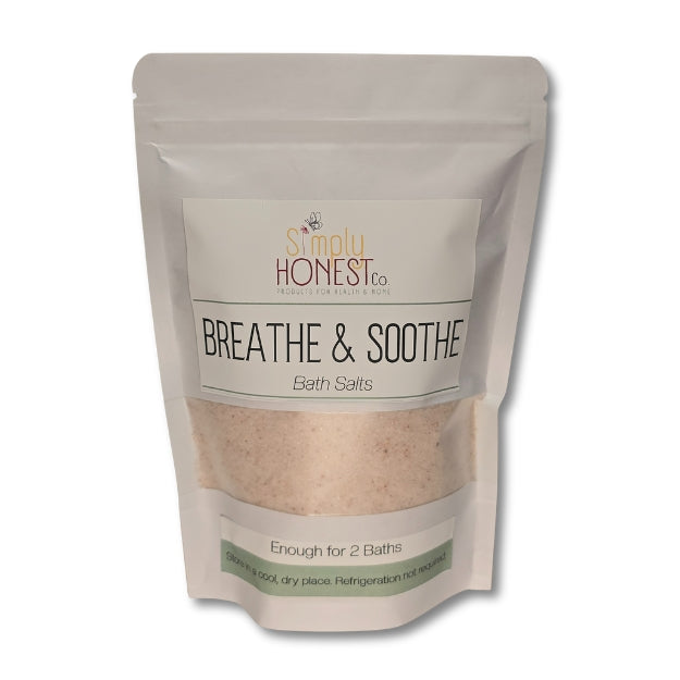 A white package of Breathe & Soothe bath salt product.