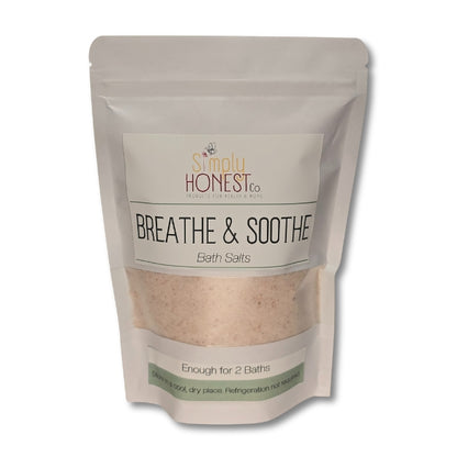 A white package of Breathe & Soothe bath salt product.