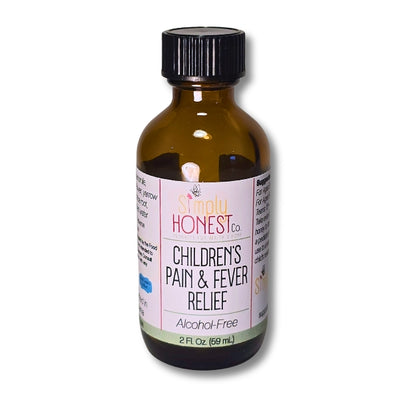 A bottle of children's pain reliever with a label that reads "Simply Honest Co. Children's Pain & Fever Relief Alcohol-Free 2 FL OZ (69 mL)"