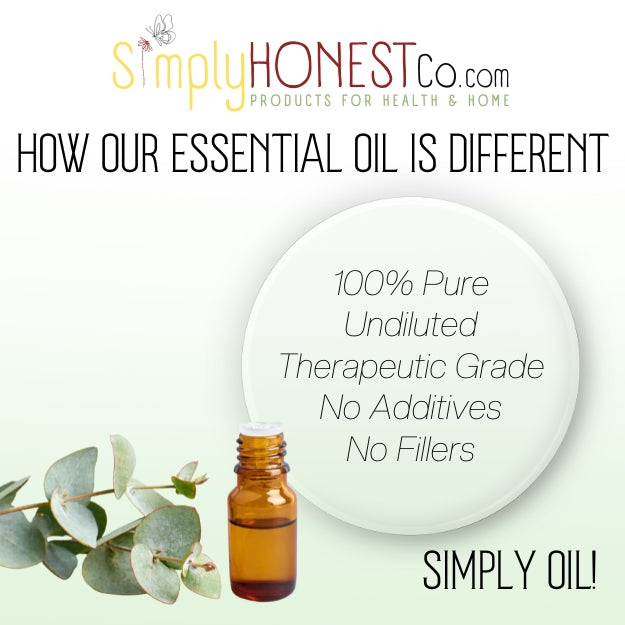 The image is an advertisement for Simply Honest Co. products, featuring a bottle of essential oil, a plant, and text highlighting the differences between 100% pure undiluted therapeutic grade essential oil and those with additives and fillers.