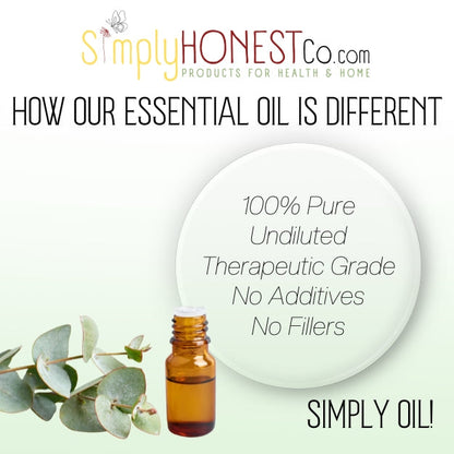 The image is an advertisement for Simply Honest Co. products, featuring a bottle of essential oil, a plant, and text highlighting the differences between 100% pure undiluted therapeutic grade essential oil and those with additives and fillers.