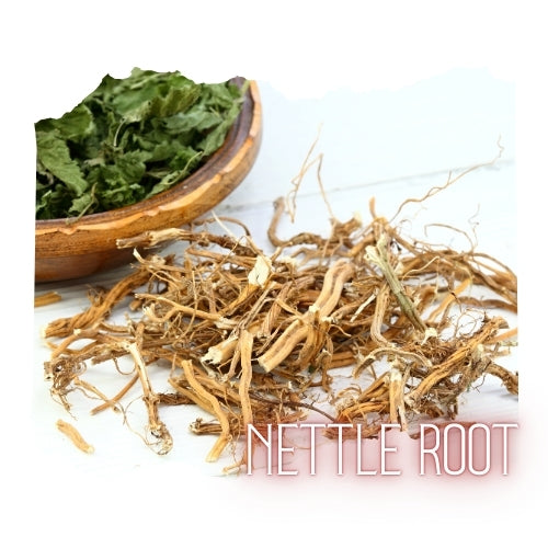 A wooden bowl filled with fresh green leaves sits next to a pile of dried, brown roots on a white surface.